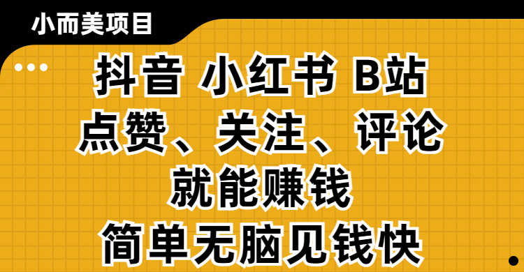 小而美的项目，抖音、小红书、B站视频点赞、关注、评论就能赚钱，简单无脑立见收益！妥妥的零撸项目-阿戒项目库