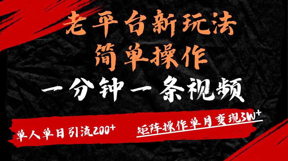 老平台，新玩法，简单操作，一分钟一条视频，单人单人引流200+矩阵操作，单月变现3W-阿戒项目库