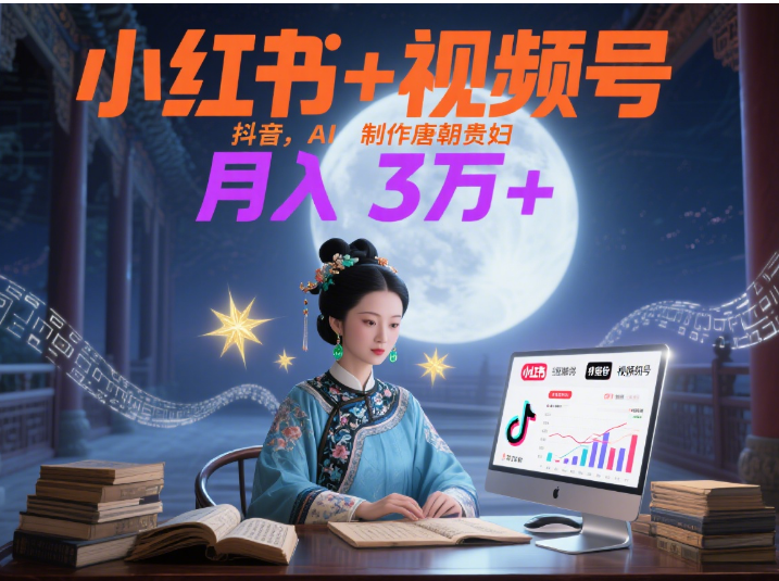 小红书+视频号+抖音，AI轻松制作唐朝贵妇IP，毒鸡汤、励志、减肥瘦身、养生赛道轻松切入，每天30分钟，轻松产出N条，月入3万+ -阿戒项目库