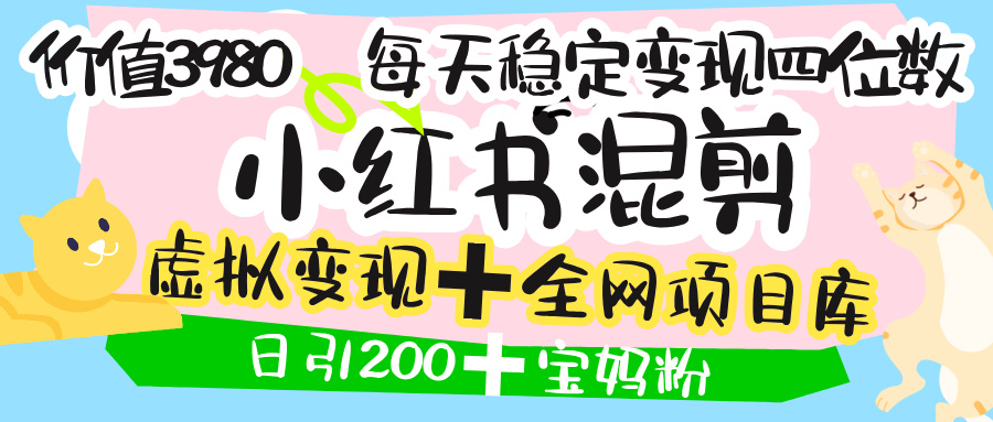 价值3980的小红书混剪， 虚拟变现 ＋全网项目库 ， 日引200+宝妈创业粉，每天稳定四位数变现-阿戒项目库