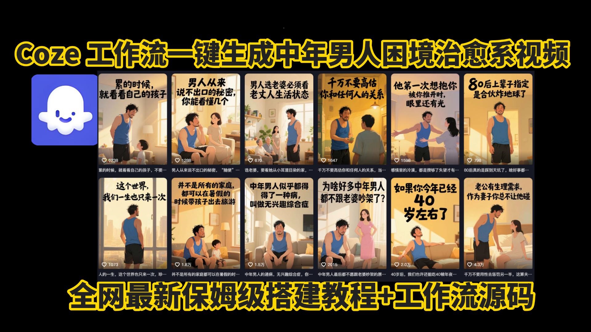 coze工作流一键生成，中年男人困境扎心高涨粉高播放量图文视频，保姆级拆解教程，无需剪辑，无需拍摄写文案智能体拆解教程-阿戒项目库
