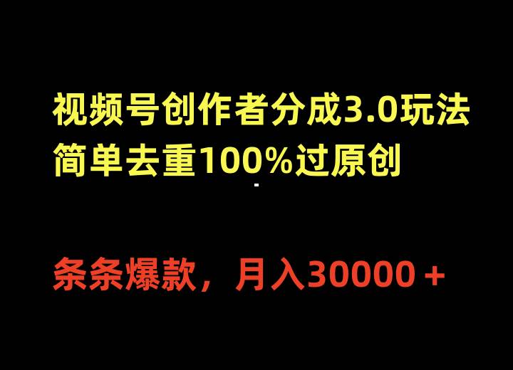 视频号创作者分成3.0玩法，简单去重100%过原创，条条爆款，月入30000＋-阿戒项目库